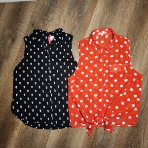 🍒WOMEN'S BUNDLE!☠️Red & White Polka Dot Tie-Front Blouse Short Sleeve Skull